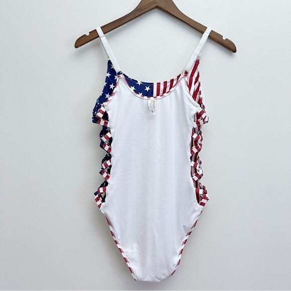 Patriotic USA American Flag Stars and Stripes Lattice One Piece Swimsuit - Picture 13 of 16